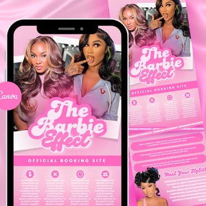 Puede incluir: Un anuncio digital rosa para el sitio oficial de reservas "The Barbie Effect", que se muestra en un teléfono inteligente y un folleto promocional. El diseño presenta imágenes de mujeres, texto rosa e iconos. El logotipo de Canva es visible.