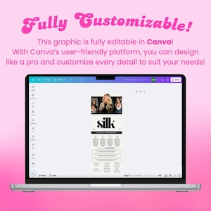May include: A laptop screen displaying a Canva design template with the word "silk" in bold black text. The design includes a photo of three women and a list of text.