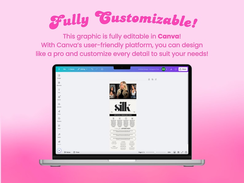 May include: A laptop screen displaying a Canva design template with the word "silk" in bold black text. The design includes a photo of three women and a list of text.