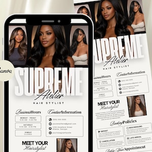 Peut inclure: Flyer promotionnel pour un coiffeur, avec des images de femmes aux longs cheveux foncés. Le flyer comprend les heures d'ouverture, les coordonnées et les conditions de réservation. Le texte indique "SUPREME Atelier HAIR STYLIST".