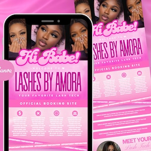 May include: A pink digital advertisement for "Lashes by Amora" on a smartphone screen and a flyer. The design features images of women, with text that reads "Hi Babe!" and "Your Favourite Lash Tech". The background is a gradient of pink.