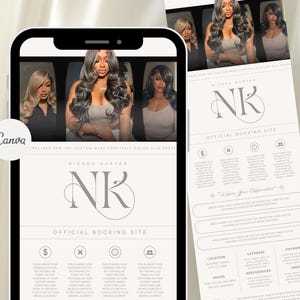 Peut inclure: Un smartphone affiche le site web d'une coiffeuse, avec des images de perruques stylisées. Le design du site web est beige clair, avec le logo de la styliste, "NK", et le texte "Official Booking Site". Un flyer imprimé avec le même design est également visible.