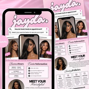 May include: A pink and white digital advertisement for a hairstylist named Jayda. The advertisement includes images of hairstyles, business hours, contact information, and booking policies. The text includes "How do I book an appointment?" and "Select your service below to secure your spot!"