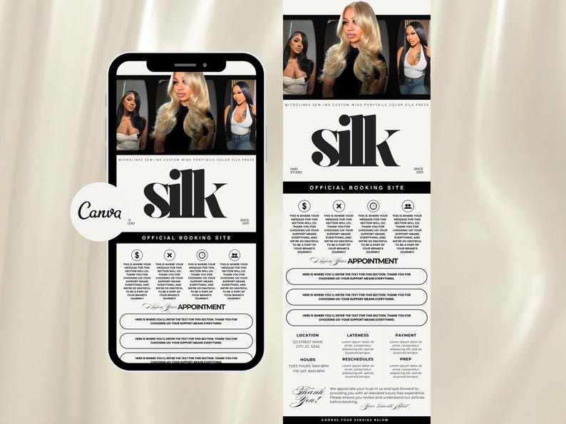 May include: A black and white mobile phone screen displaying a website for booking hair appointments. The website features a logo with the word "Silk" in a bold, stylized font. The website also includes a section for booking appointments, a section for location and hours, and a section for payment and reschedules.