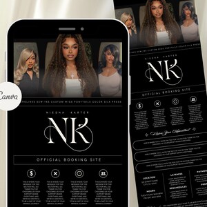 May include: A black and white digital advertisement for Niesha Karter's official booking site, displayed on a smartphone and a tablet. The design features the initials "NK" in a stylish font, with images of hair styles. The text includes "ROLINKS SEW-INS CUSTOM WIGS PONYTAILS COLOR SILK PRESS".