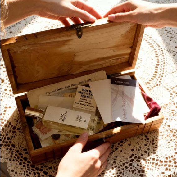 This vintage perfume keepsake box features a bottle of Velvet Departure artisan fragrance inspired by timeless travel and memory.”