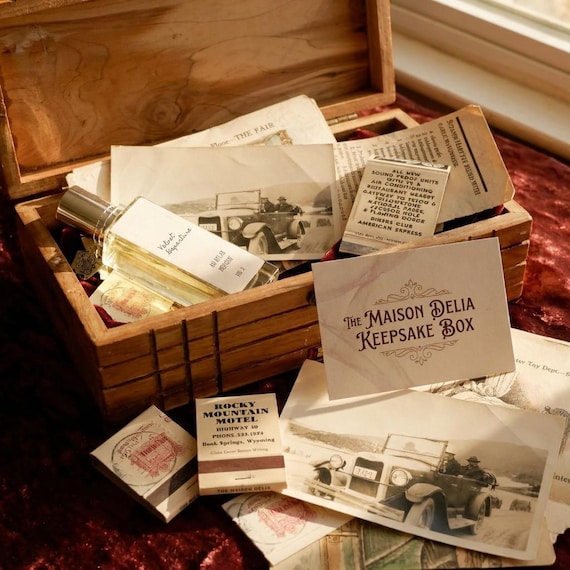 Vintage Keepsake Perfume Gift Box • Velvet Departure • 30ml Luxury Perfume • Authentic Antique Box + Photo + Matchbox + Story Cards