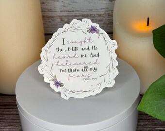 Purple Floral Waterproof Christian Faith Sticker: "I Sought the Lord" Vinyl Psalm Decal for Water Bottle