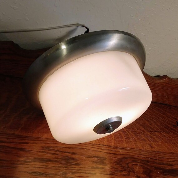 Vintage Milk Glass Aluminum Drum Ceiling Light New Wiring Etsy