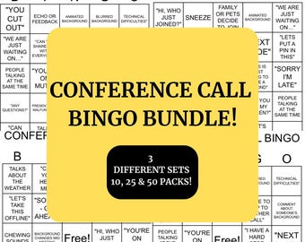 Könnte beinhalten: Eine digitale Download-Grafik mit gelbem Hintergrund mit der Aufschrift "Conference Call Bingo Bundle!" mit 3 verschiedenen Bingo-Kartensets. Die Bingokarten enthalten Sätze wie "Sie sind raus" und "Können Sie mich hören?"
