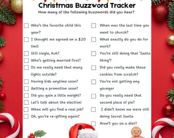 Könnte beinhalten: Ein druckbares Weihnachts-Buzzword-Tracker-Spiel mit einer Checkliste von 16 gängigen Urlaubsphrasen. Das Spiel zeigt einen Cartoon-Weihnachtsmann und einen Lebkuchenmann.