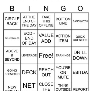 K&ouml;nnte beinhalten: Eine schwarz-wei&szlig;e Bingokarte mit dem Titel "Buzzword Bingo". Die Karte hat 25 Felder mit verschiedenen Business-Buzzwords, wie "Circle Back", "Take This Offline", "Value Add", "Action Item", "Drill Down", "EBITDA" und "Net Net".