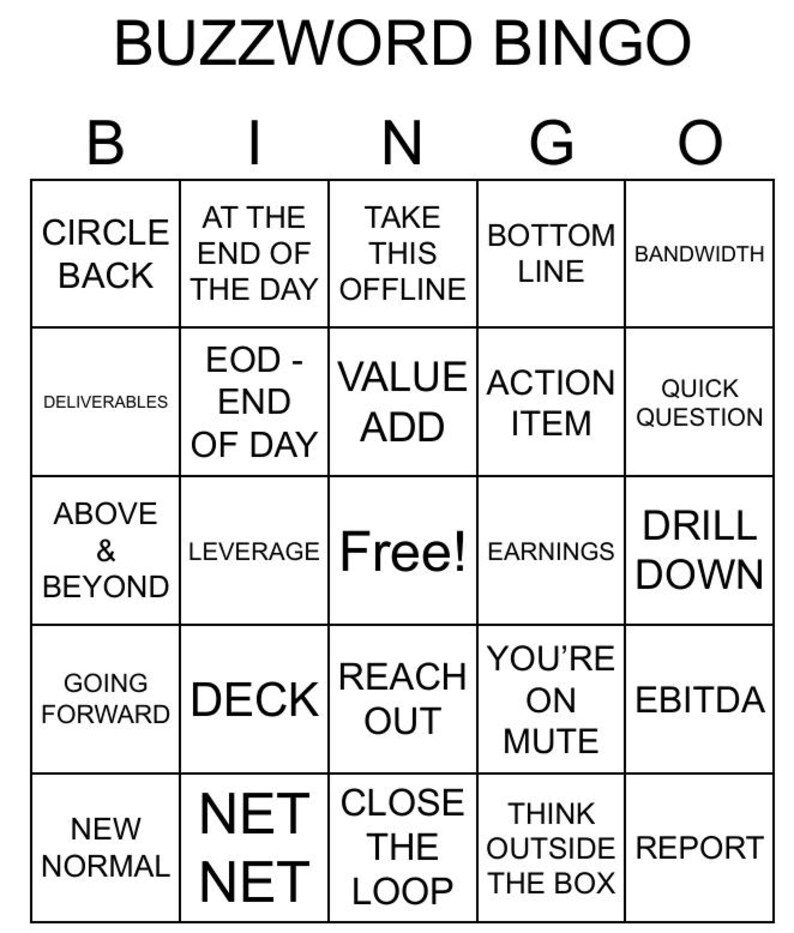 K&ouml;nnte beinhalten: Eine schwarz-wei&szlig;e Bingokarte mit dem Titel "Buzzword Bingo". Die Karte hat 25 Felder mit verschiedenen Business-Buzzwords, wie "Circle Back", "Take This Offline", "Value Add", "Action Item", "Drill Down", "EBITDA" und "Net Net".