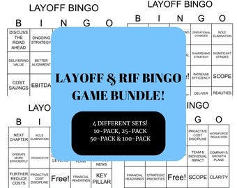 Könnte beinhalten: Ein blaues und weißes druckbares Bingo-Kartenspiel mit dem Titel "Layoff & RIF Bingo! Game Bundle!"  Die Karte enthält Sätze wie "Delivering Value", "Proactive Cost Discipline" und "Company's Growth Plans".