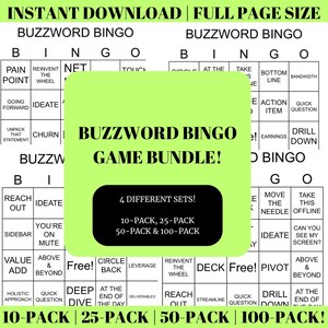 K&ouml;nnte beinhalten: Ein gr&uuml;nes und schwarzes druckbares Bingo-Kartenspiel mit dem Titel "Buzzword Bingo Game Bundle!" und dem Text "4 Different Sets! 10-Pack, 25-Pack, 50-Pack & 100-Pack". Die Bingokarte hat Felder mit W&ouml;rtern wie "Reinvent the Wheel", "Circle Back", "Deep Dive", "Leverage", "Deliverables", "Reach Out", "Streamline", "Quick Question", "Drill Down", "At the End of the Day", "Pivot", "Above & Beyond", "Can You See My Screen?", "Ideate", "Take This Offline", "Move the Needle", "Bottom Line", "Bandwidth", "Action Item", "Quick Question", "Drill Down", "Earnings", "Unpack That Statement", "Churn", "Ideate", "Going Forward", "Pain Point", "Reinvent the Wheel", "Net", "Touch", "Sidebar", "You're on Mute", "Value", "Above & Beyond", "Add", "Holistic Approach", "Quick Question", "Reach Out".