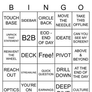 K&ouml;nnte beinhalten: Eine Bingokarte mit einer Auswahl an Business-Buzzwords, darunter "Touch Base", "Circle Back", "Pivot", "Deep Dive" und "You're on Mute".
