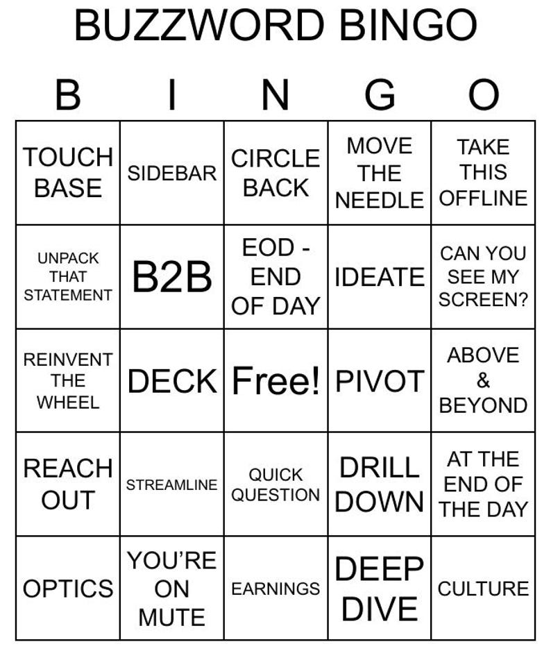 K&ouml;nnte beinhalten: Eine Bingokarte mit einer Auswahl an Business-Buzzwords, darunter "Touch Base", "Circle Back", "Pivot", "Deep Dive" und "You're on Mute".