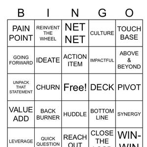 K&ouml;nnte beinhalten: Eine schwarz-wei&szlig;e Bingokarte mit dem Titel "Buzzword Bingo". Die Karte hat 25 Felder mit verschiedenen Business-Buzzwords, wie "Schmerzpunkt", "Net Net", "Kultur", "Kontakt aufnehmen", "vorw&auml;rts gehen", "Ideen entwickeln", "Aktionspunkt", "einpr&auml;gsam", "&uuml;ber & hinaus", "diese Aussage auspacken", "aufwirbeln", "kostenlos", "Deck", "Pivot", "Mehrwert schaffen", "Backburner", "Zusammenkunft", "Bottom Line", "Synergie", "Hebelwirkung", "Schnellfrage", "erreichen", "die Schleife schlie&szlig;en" und "Win-Win".