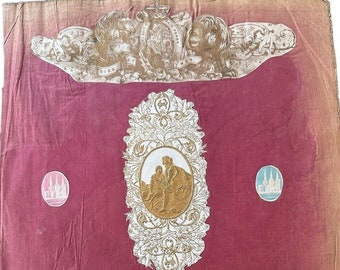 One Scrapbook Page Victorian Antique England on Fabric Die Cut Scraps Original Art