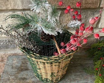 Shabby Green Vintage Wicker Waste Basket Perfect for Christmas Greens...or Trash