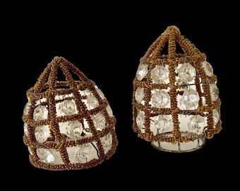 Pair Antique Beaded Crystal Bulb Covers or Shades As Is Bling