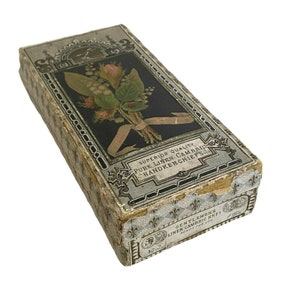 May include: A vintage box for handkerchiefs with a floral design and the text "Superior Quality Pure Linen Cambric Handkerchiefs" and "Gentlemen's Linen Cambric Hkfs".