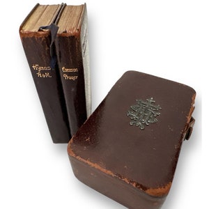 Antique Leather-Bound Tiny Common Prayer & Hymns Set Silver Insignia 4-Leaf Clover