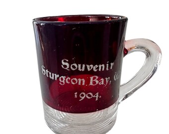 Sturgeon Bay Door County WI Antique Souvenir 1904 Ruby Flash Mini Mug Toothpick Holder