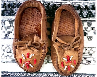 Baby Moccasins Vintage Native American Beaded Leather Shoes