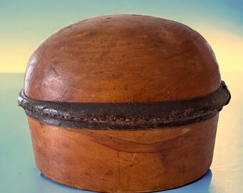 Hat Block Antique Millinery Hat Maker Mold Form Wood Leather English 21 1/2
