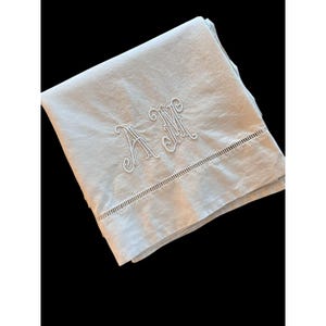 Antique French Monogrammed Linen Sheet With A M Embroidery 80 x 120 Bed Cover
