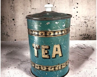 Antique Tea Tin Porcelain Knob Canister Teal Gold Black Farmhouse