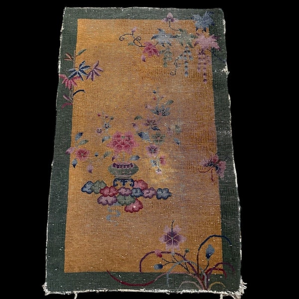 Shabby Chinese Rug Antique 1920s - 1930s Nichols Gold Green Floral As Is 35 x 56