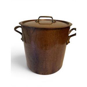 Vintage French Large Copper Stock Pot With Lid & Brass Handles