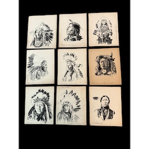 May include: Nine black and white portraits of Native American chiefs, each with detailed headdresses and facial features. The portraits are on aged paper, creating a vintage aesthetic. The collection is arranged in a grid.
