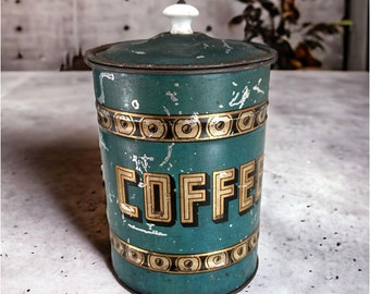 Antique Coffee Tin Porcelain Knob Canister Teal Gold Black Farmhouse