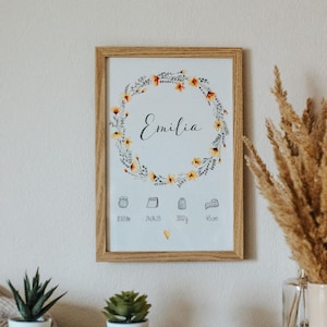 Handgemalte Geburtstafel | personalisierte Geburtsdaten | DIN A4 | gelber Blumenkranz| Geschenk zur Geburt | Bilderrahmen aus Eiche
