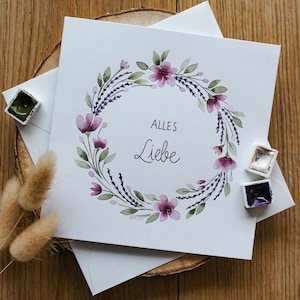 Handgemalte Grußkarte | Aquarell | violetter Blumenkranz | 14.5 x 14.5 cm | jeder Anlass | individuelle Personalisierung | mit Umschlag