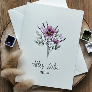 Handgemalte Grußkarte | Aquarell | violetter  Blumenstrauß | DIN A6 | mit individueller Personalisierung | mit Umschlag | für jeden Anlass