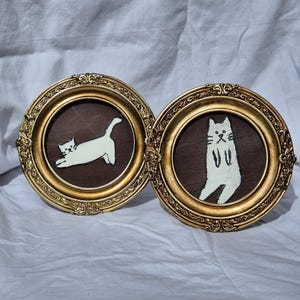 Framed original acrylic on paper painting of cats vintage style size of frame 14cm x 14cm Minimalist Gold frame.