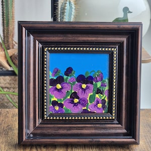 Hand-Painted Mini Canvas | Original Acrylic Art | Pansy Painting | Framed or Easel Display | Unique Small Artwork | Gift for Art Lovers