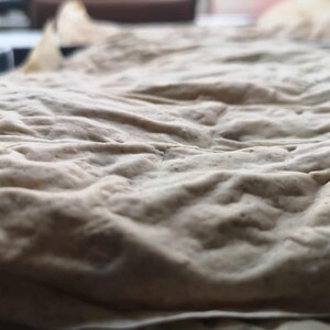 Könnte beinhalten: Nahaufnahme einer hellbraunen, strukturierten, teigigen Oberfläche. Die Oberfläche ist faltig und hat eine leicht körnige Textur.