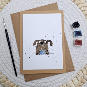 Biglietto di auguri personalizzato fatto a mano, cane che beve caffè, biglietti di auguri originali, biglietti di compleanno acquerello, biglietti di ringraziamento,