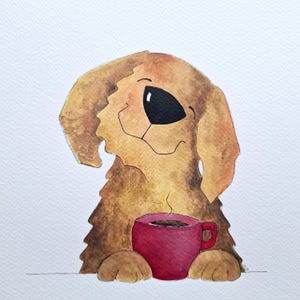 Dipinto ad acquerello originale, Cane divertente con tazza di caffè, amante del caffè, arte da parete, illustrazione di animali, regalo per la fidanzata, amante dei cani