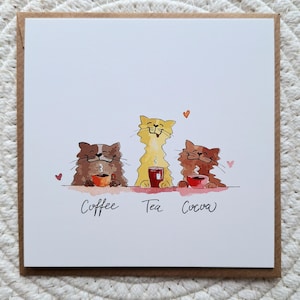 Carte de vœux pour amoureux du café, chats amusants, amoureux des chats, trois chats savourant des boissons, café, thé, chocolat chaud