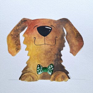 Dipinto ad acquerello originale, cane divertente con papillon, cane carino, decorazione da parete, illustrazione di animali, amante dei cani