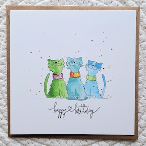 Three Cats Happy Birthday, Birthday Card Cat Motif, Gift for Cat Owners, Cat Love, Friendship