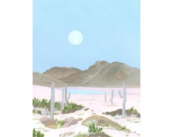Serene Desert Landscape Archival Print - Desert Sands Art Print - Mountain Moon Wall Art - Modern Southwestern Art