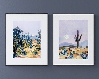 Set of 2 Desert Landscape Archival Prints - Boho Nursery Wall Art Prints, Boho Southwestern Cactus Paintings, Arizona Desert Art Prints