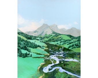 Crested Butte Landscape Archival Print - Crested Butte Wall Art, Colorado Landscape Painting, Green & Blue Mountain Scene